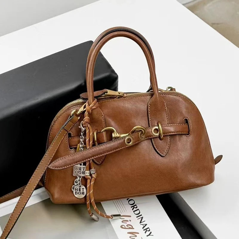 2025 Luxury Brand Genuine Leather Women Handbags Fashion Gold Buckle Shoulder Bags Women Spring Retro Sheepskin Boston Bags Lady