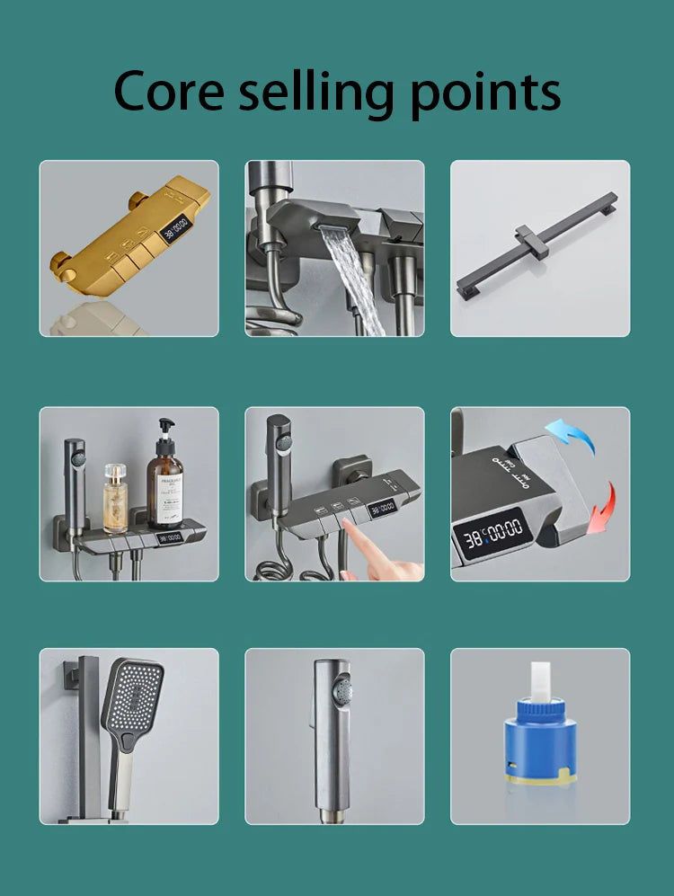 New Design Gun Grey Bathroom Shower System Set Piano Keys Brass LED Digital Shower Faucet Bath Hot and Cold Mixer Shower Tap Set