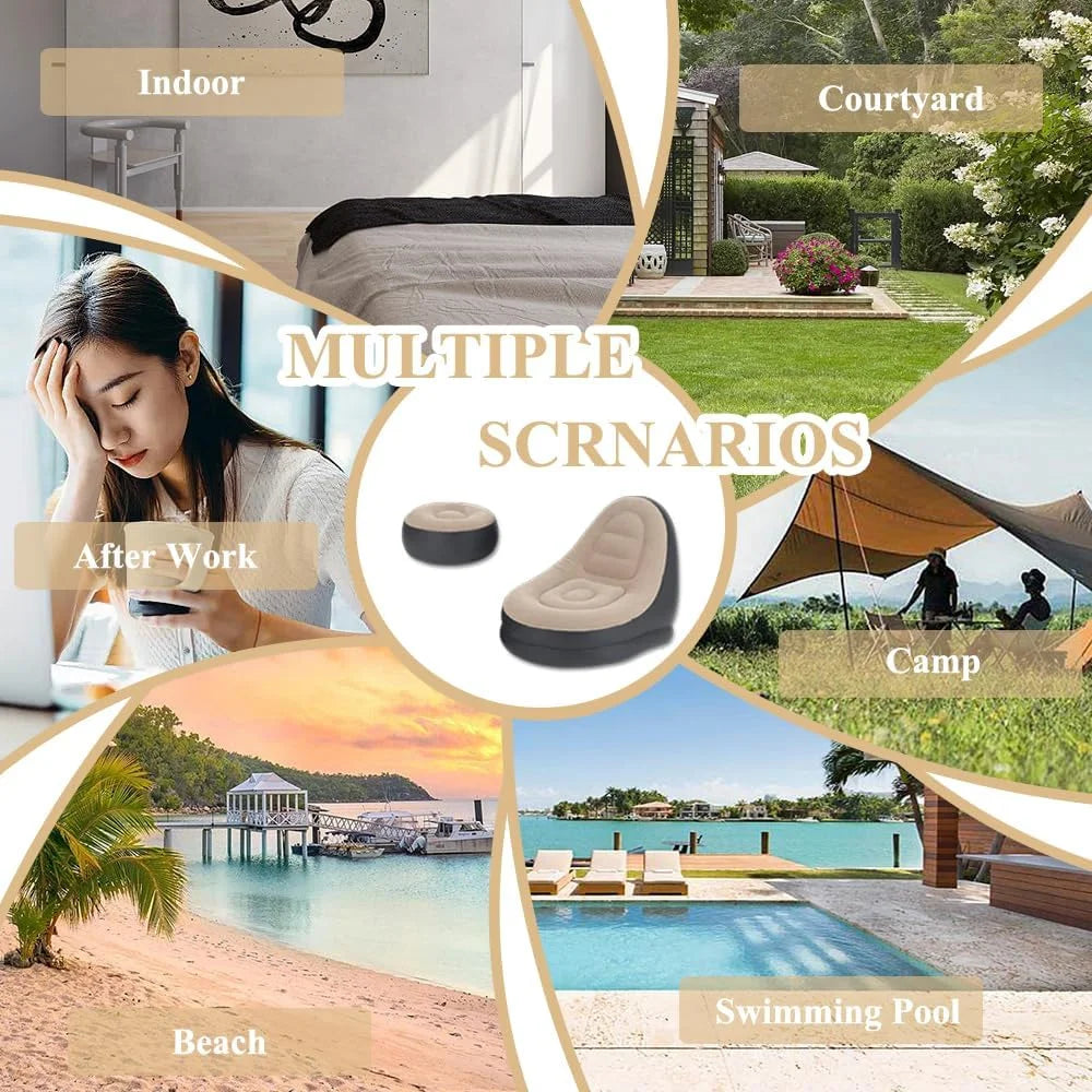 Lazy Sofa Inflatable Chair Folding Recliner (Sofa + Footrest) Outdoor Sofa Bed with Footrest Indoor and Outdoor Portable Folding Air Mattress Nap Leisure Chair Set