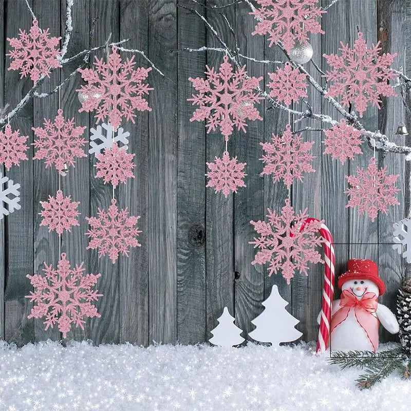 6/12/24Pcs Snowflakes for Christmas Tree Decoration Pink Snowflakes With Bright Powder Winter Home New Year Hanging Decoration