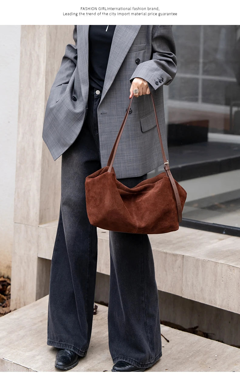 Women's Suede Cow Genuine Leather Shoulder Bags Ladies Soft Cowhide Crossbody Bag Female Design Luxury Lazy Commuting Handbag