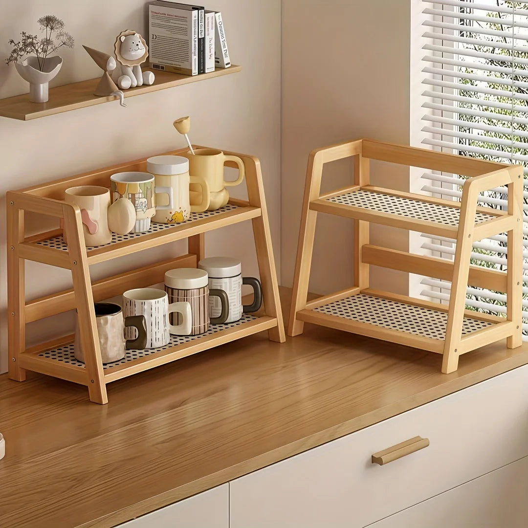 2-Tier Bamboo Shelf, Bohemian Wood Finish. Perfect for Mugs, Plants, Cosmetics & More. Save Space, Stylish Storage!