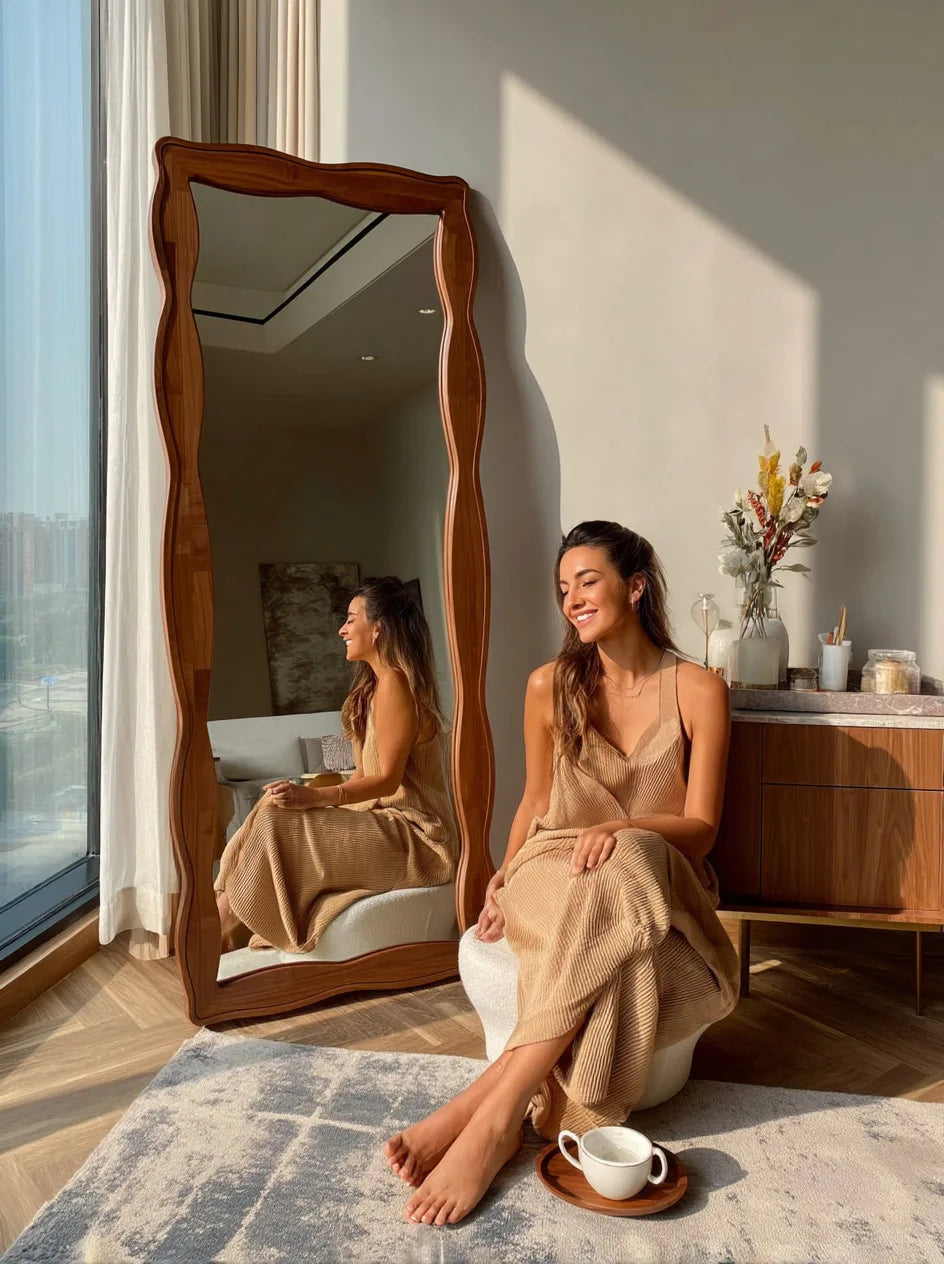 Vintage Style Solid Wood Tempered Mirror Full Length Floor Mirror for Home Living Room Bedroom Women's Dressing