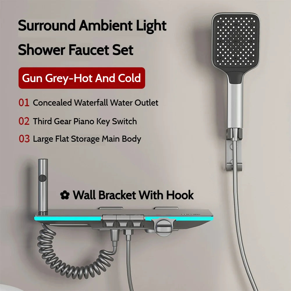 Grey Brass Waterfall Wall Mount Smart Temperature Digital Display Bathtub Faucet Bathroom Faucet Bath Shower Faucet Mixer Crane