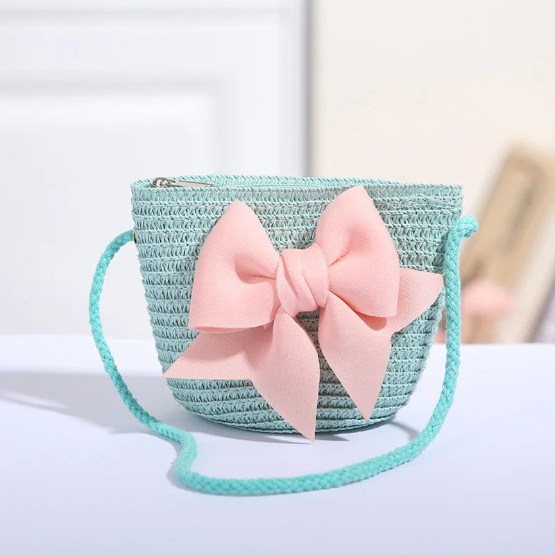 New Pink Bow Girl Bags Zipper Woven Straw Kids Princess Messenger Bags Outdoor Travel Keys Candy Crossbody Bags