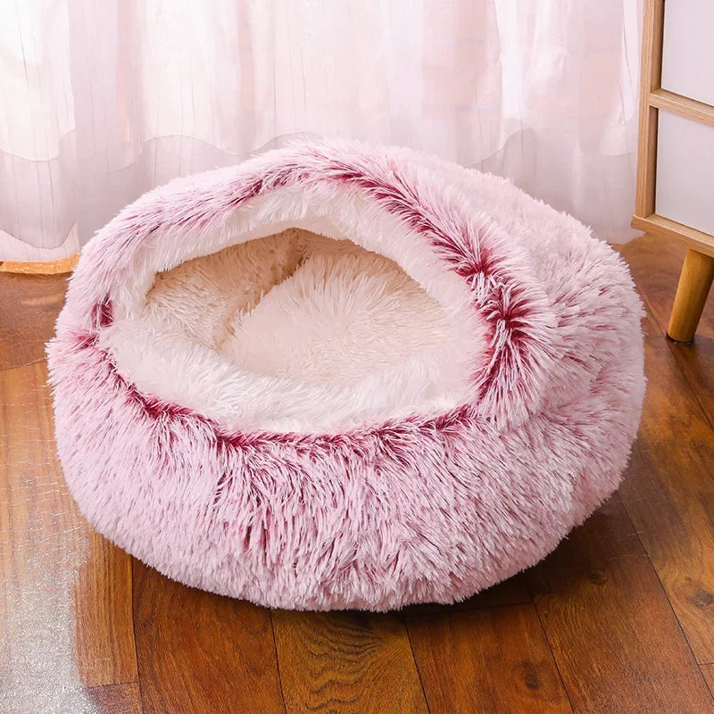 Snooze Cat Bed Round Plush Fluffy Hooded Cozy Cat Bed Cave for Indoor Donut Self Warming Small Dog Bed Anti-anxiety for Winter