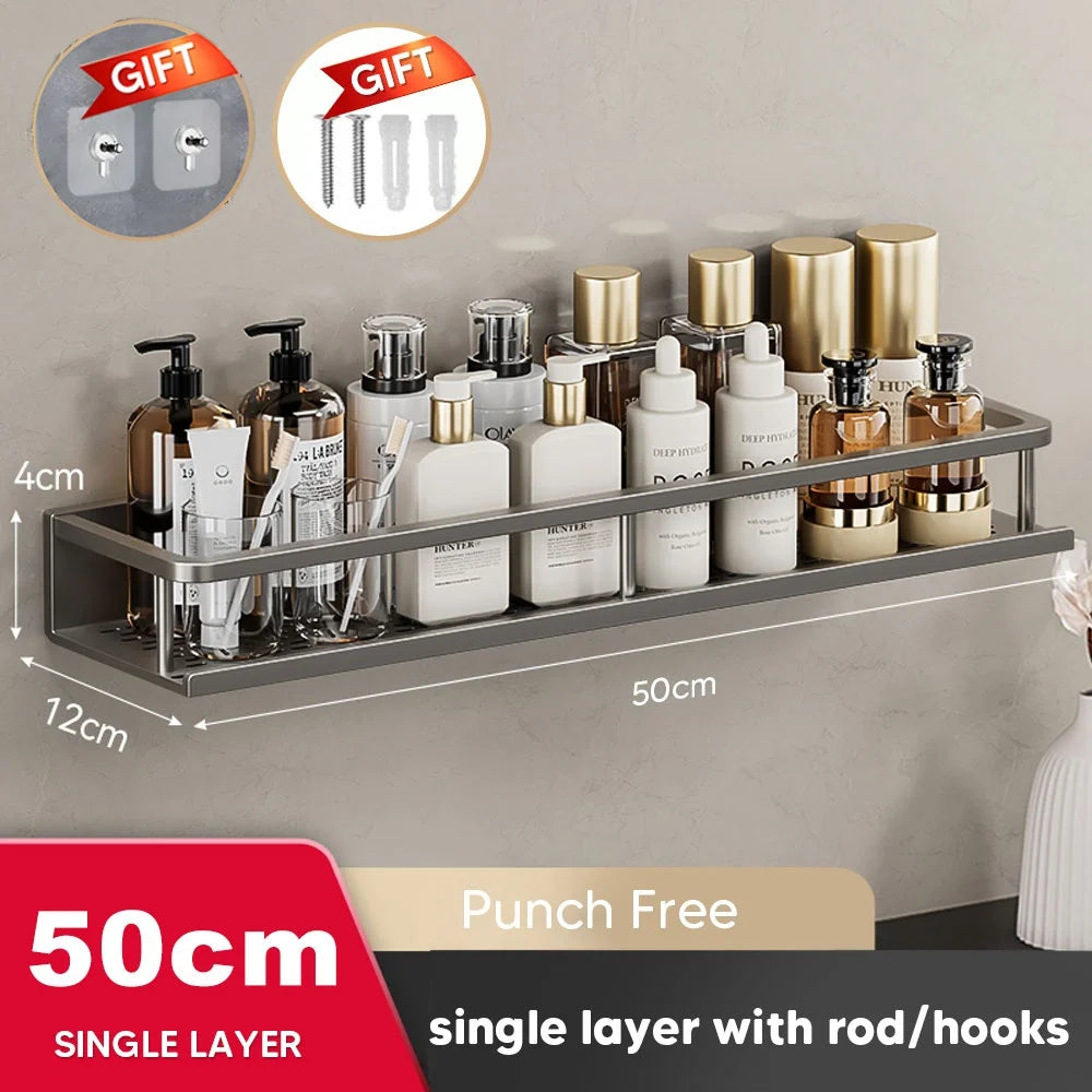 Aluminum Shower Organiser Bathroom Shelf Without Drilling Gray Wall Toilet Storage Shelf Shampoo Holder Bathroom Accessories