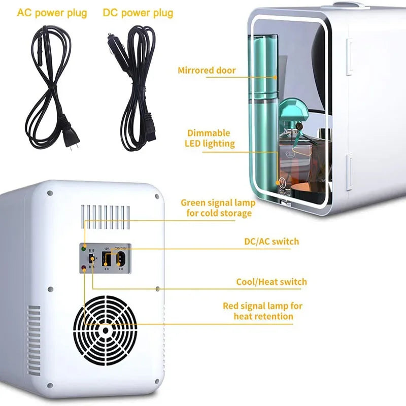 10L Refrigerator Vanity Mirror 2-in-1 Large Capacity Portable Dresser Vanity Mirror Car Bedroom Mini Small Refrigerator