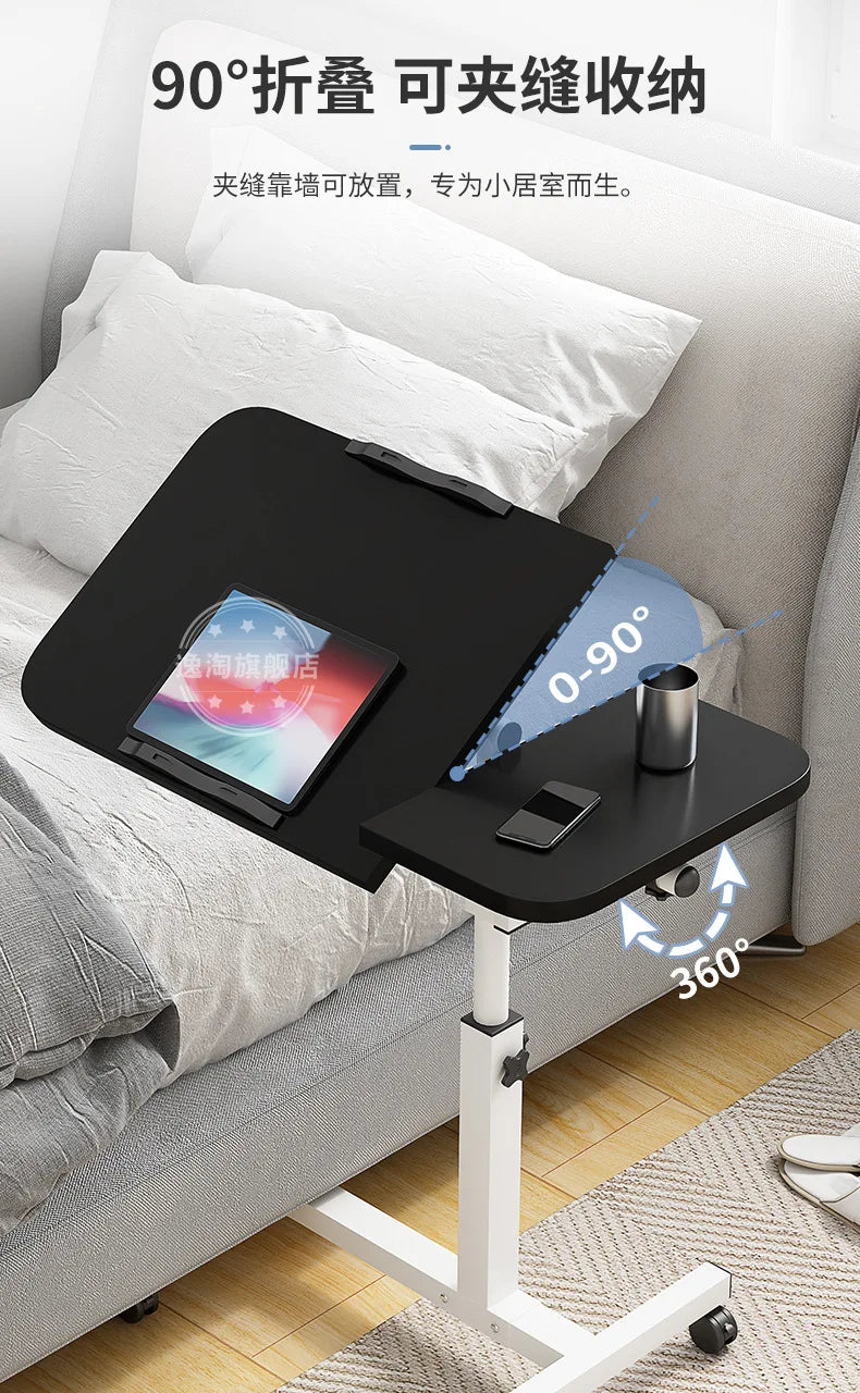 Tilting Overbed Table with Wheels, Height Adjustable Bedside Desk, 2 Tilting Desktops, Mobile Laptop Table Stand Desk