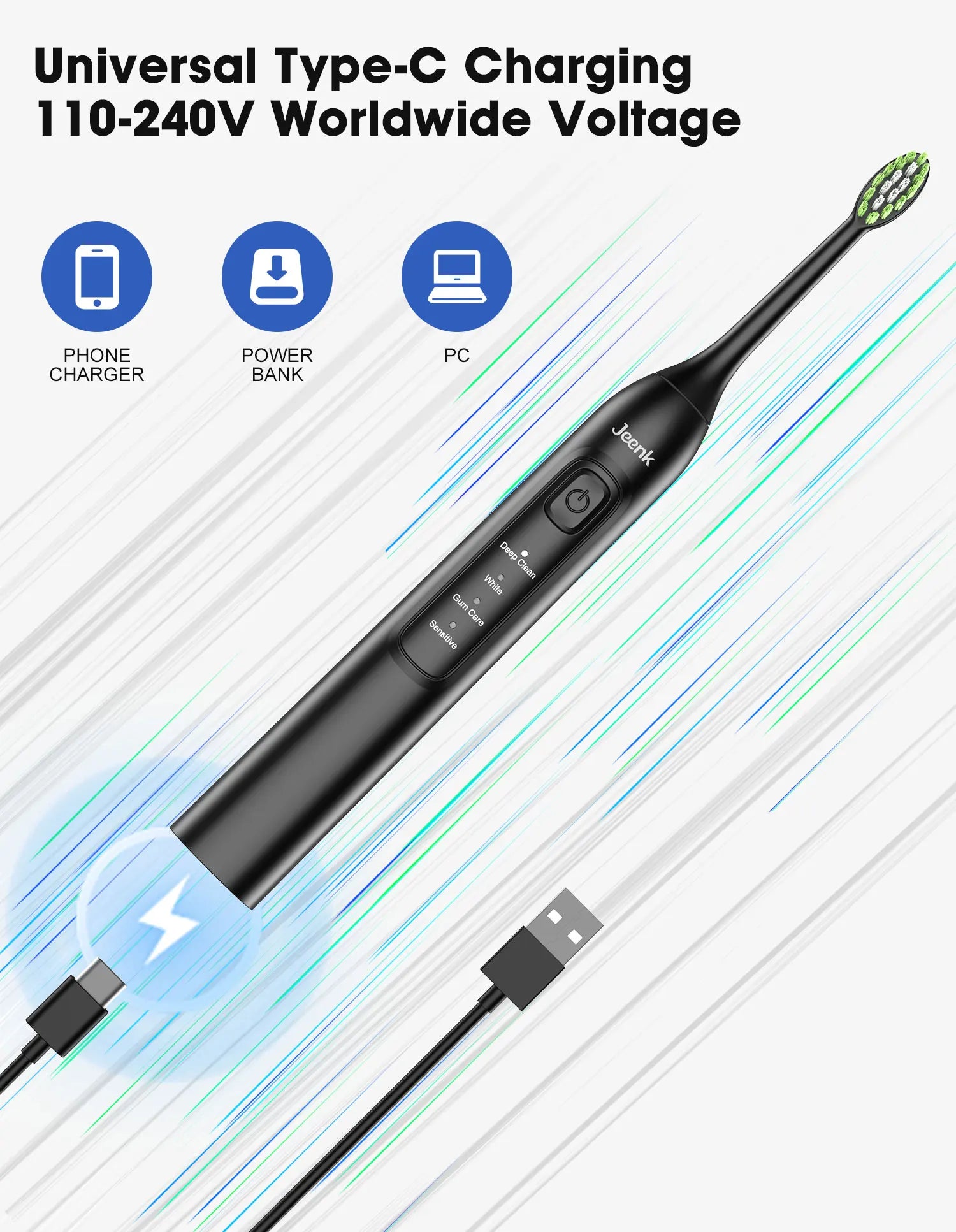 Jeenk JK-Y05 Sonic Electric Toothbrush 4 Modes USB Charger with 6 Replacement Heads Smart Timer Waterproof Soft Bristles Adult