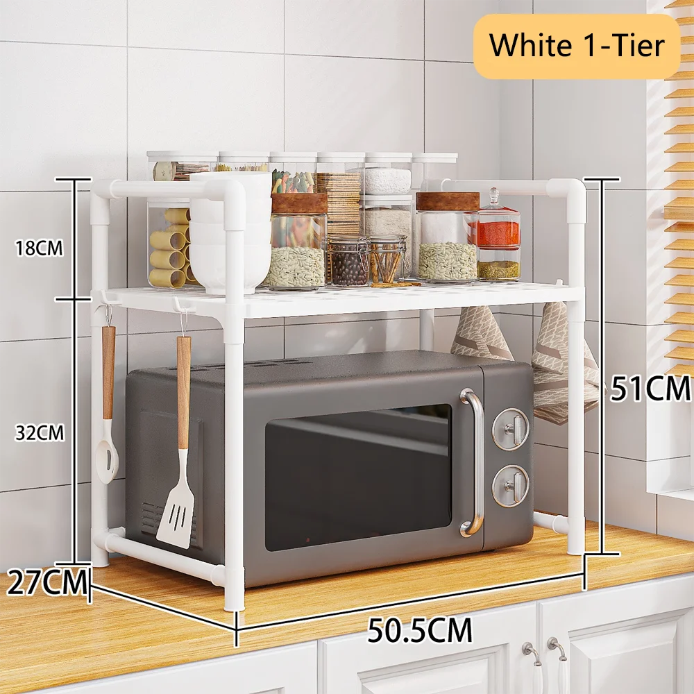 Extra Wide Microwave Stand - 2-Tier Heavy-Duty Kitchen Shelf for Oven Toaster & Spice Racks with Handrail Hooks Non-Slip