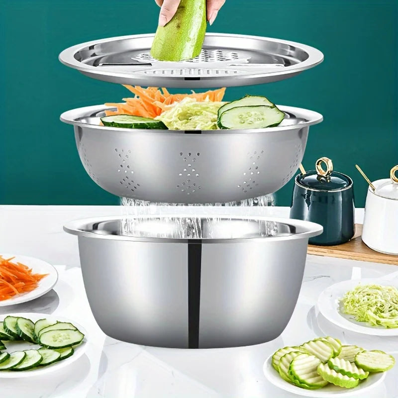 3pcs Stainless Steel Kitchen Set with Grinder Filter Bowl for Slicing Fruits Vegetables Cheese uses for kitchen tools