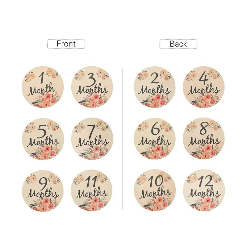 Baby Wooden Monthly Memorial Milestone Cards Flower Monthly Newborn Engraved Age Photography Accessories Baby Birthing Gift