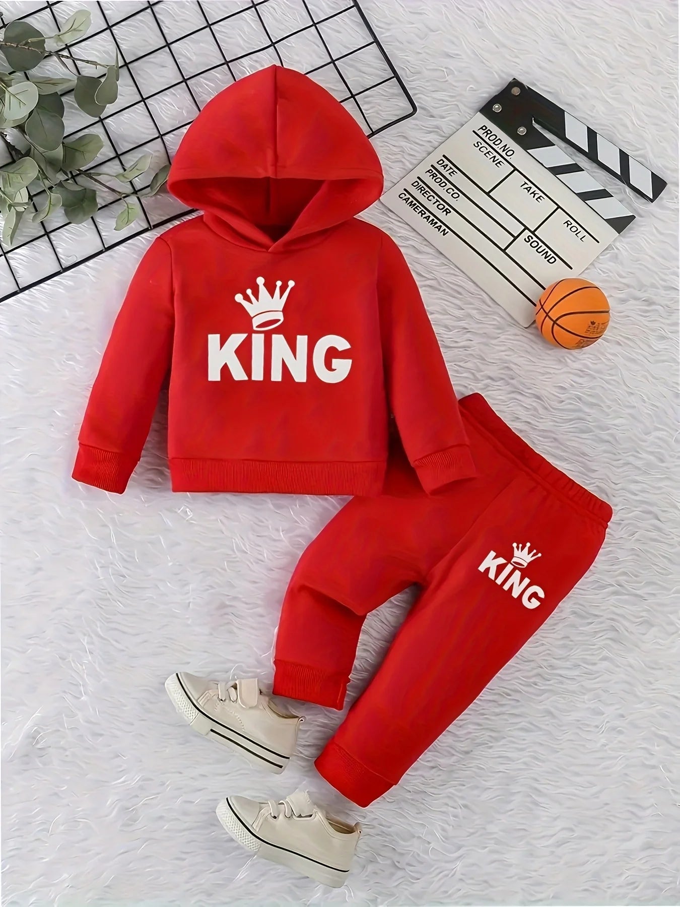 Baby Boy KING Crown Pattern Fleece Hoodie+Casual Pants Two Piece Set Spring and Autumn Sportswear