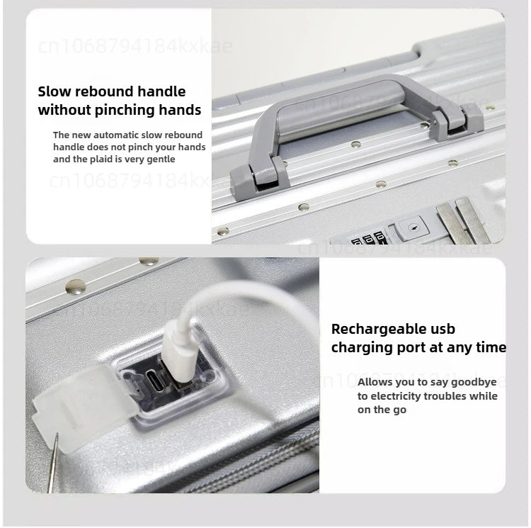 Aluminium Frame Rolling Luggage with Cup Holder Mobile Phone Holder Front Opening Suitcase Large capacity Travel Suitcase