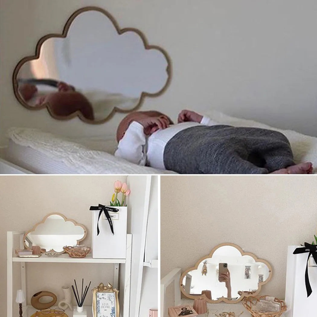 Cloud Shape Mirror 33*23cm Wooden Frame Acrylic Makeup Mirror Nordic Wooden Cloud Mirror Sticker Cute Home Decoration