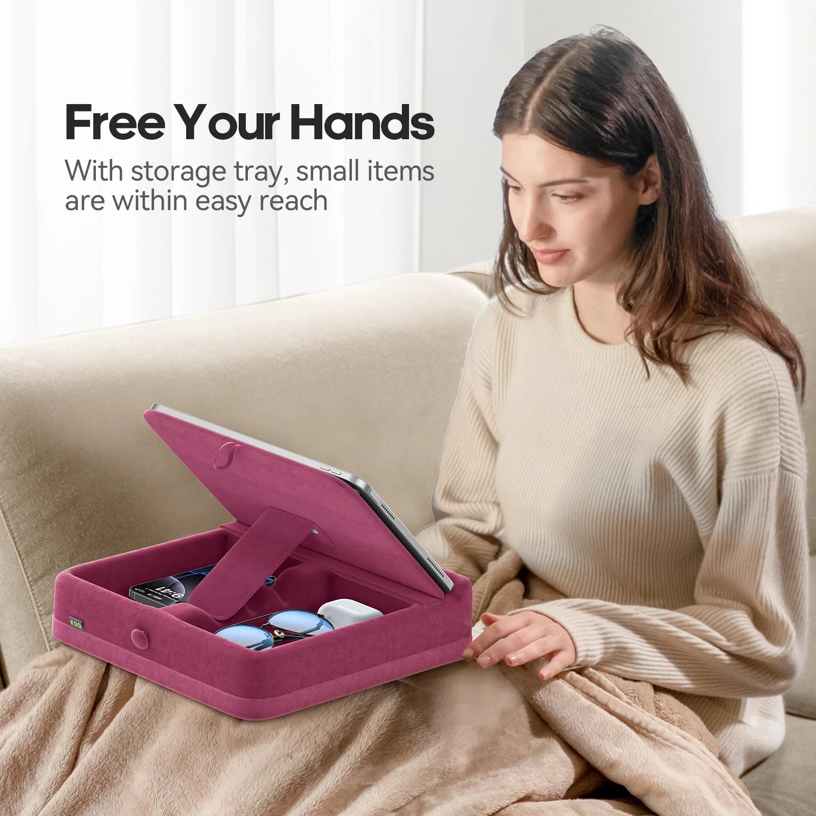 Tablet Pillow Stand with Storage Foldable iPad Holder for Bed & Lap and Desk Angle Adjustable Soft Pad Dock with Stylus Mount