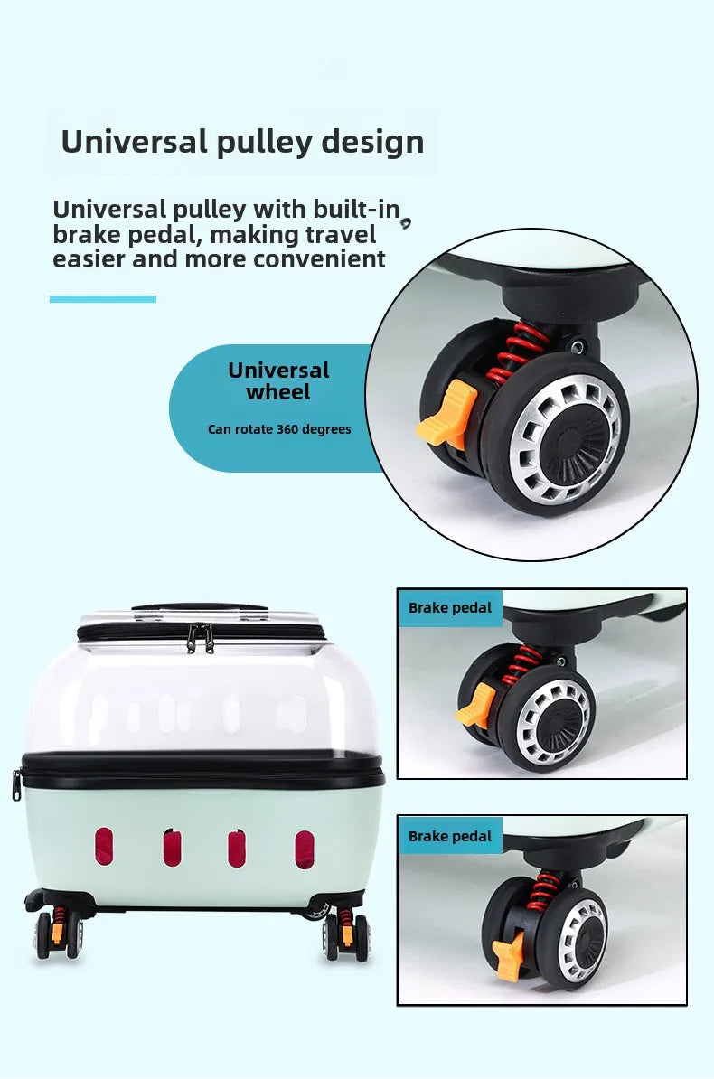 Fashion Transparent Cat Cage Large Capacity Pet Suitcase Breathable Cat Carriers Pull Rod/Handheld Dual Use Cat Transport Cart