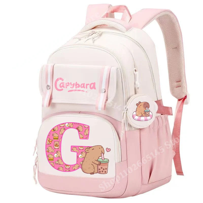 Capibara Cute Backpack Girl Anime Capybara Letter A-Z School Bags Kids Outdoor Sport Shoulders Bag Travel Rucksack Children Gift