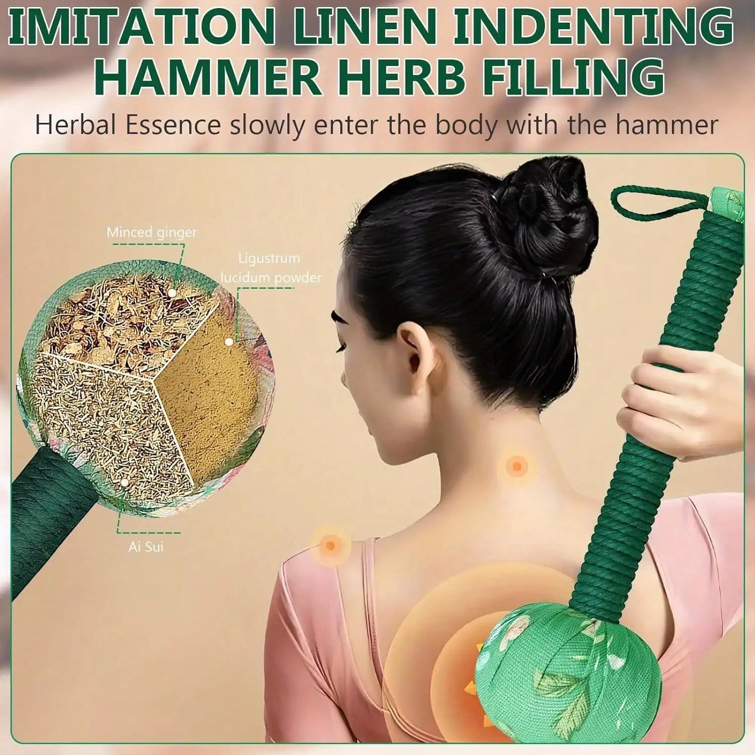 Long-Handled Wormwood Massage Hammer for Lymphatic Drainage - Manual Full Body & Back Relief, Stress Reduction, Nylon Material