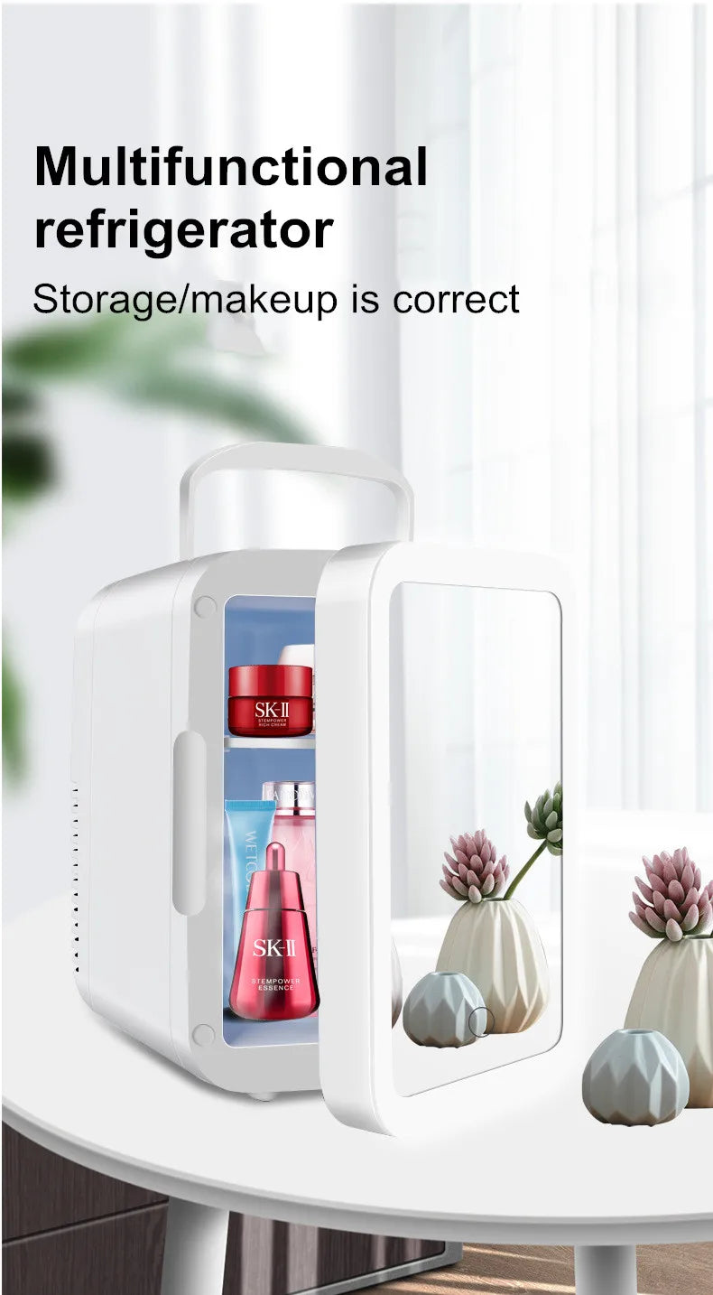 Home and Car Dual-Purpose Beauty Refrigerator With Touch Lamp Cosmetic Mirror Car Mini 4L Refrigerator Cosmetic Skin Care Produc