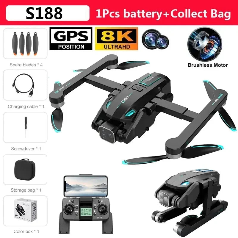 S188 Drone 8K Professional HD Dual Camera 5G GPS Wifi Obstacle Avoidance Brushless Foldable Quadcopter RC Distance 2KM Dron Toys