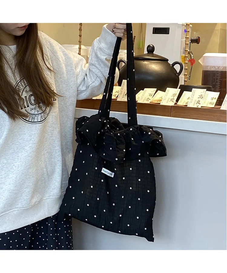 All-match Wave Point Chiffon Shoulder Bag Large Capacity Fairy Mesh Handbag Commuting Bag Korean Style Tote Bag Women