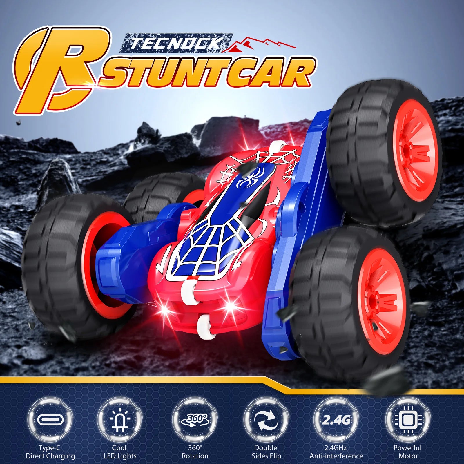Remote Control Car with Lights, Type-C Fast Charging, 2.4GHz Double Sided Flips RC Cars, 360° Rotates RC Stunt Car Toys for Kids