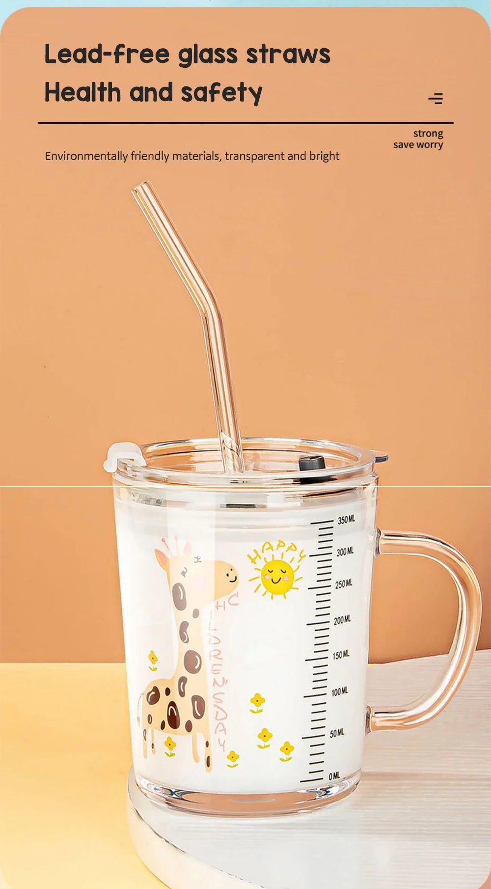 350ml Cute Unicorn Children Milk Cup With Scale Transparent Breakfast Cup With Straw Lid Cartoon Glass Cup For Kids Drinkware