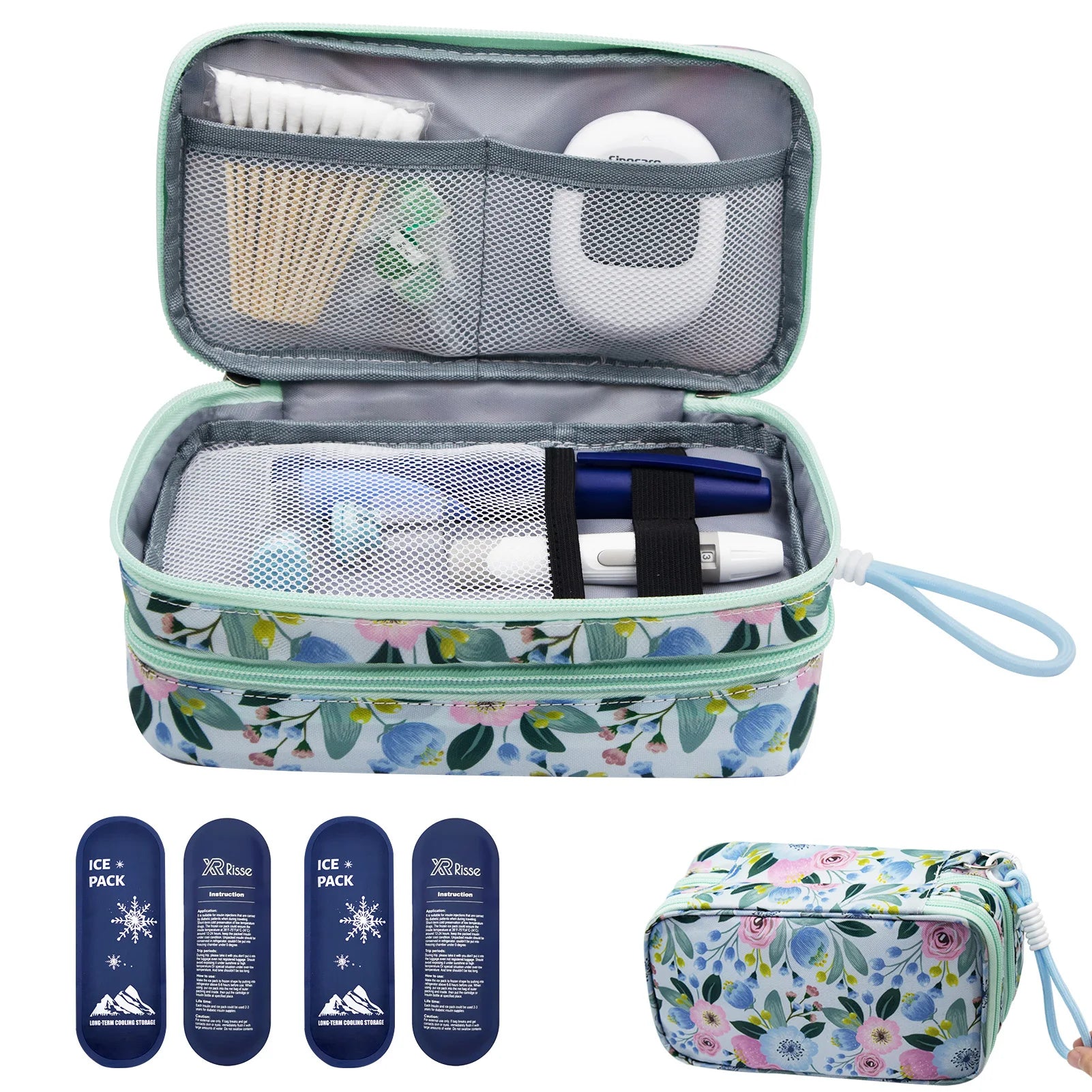Insulin Cooler Bag with Ice Packs, Travel Medicine Organizer for Diabetes, Double Layer Storage Case