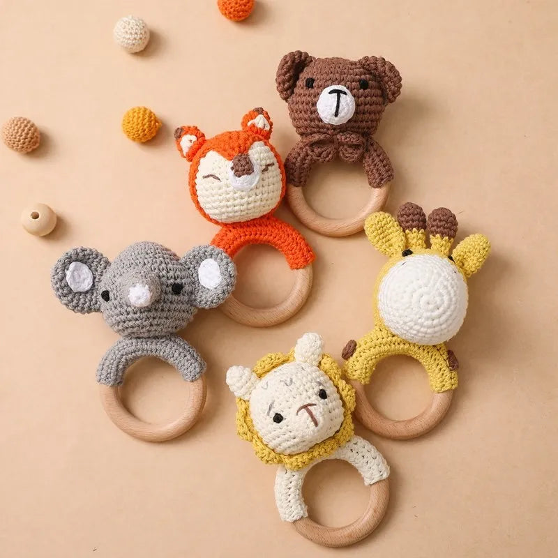 Let's Make Baby Rattles Crochet Bunny Rattle Toy Wood Ring Baby Teether Rodent Baby Gym Mobile Newborn Educational Rattles Toys