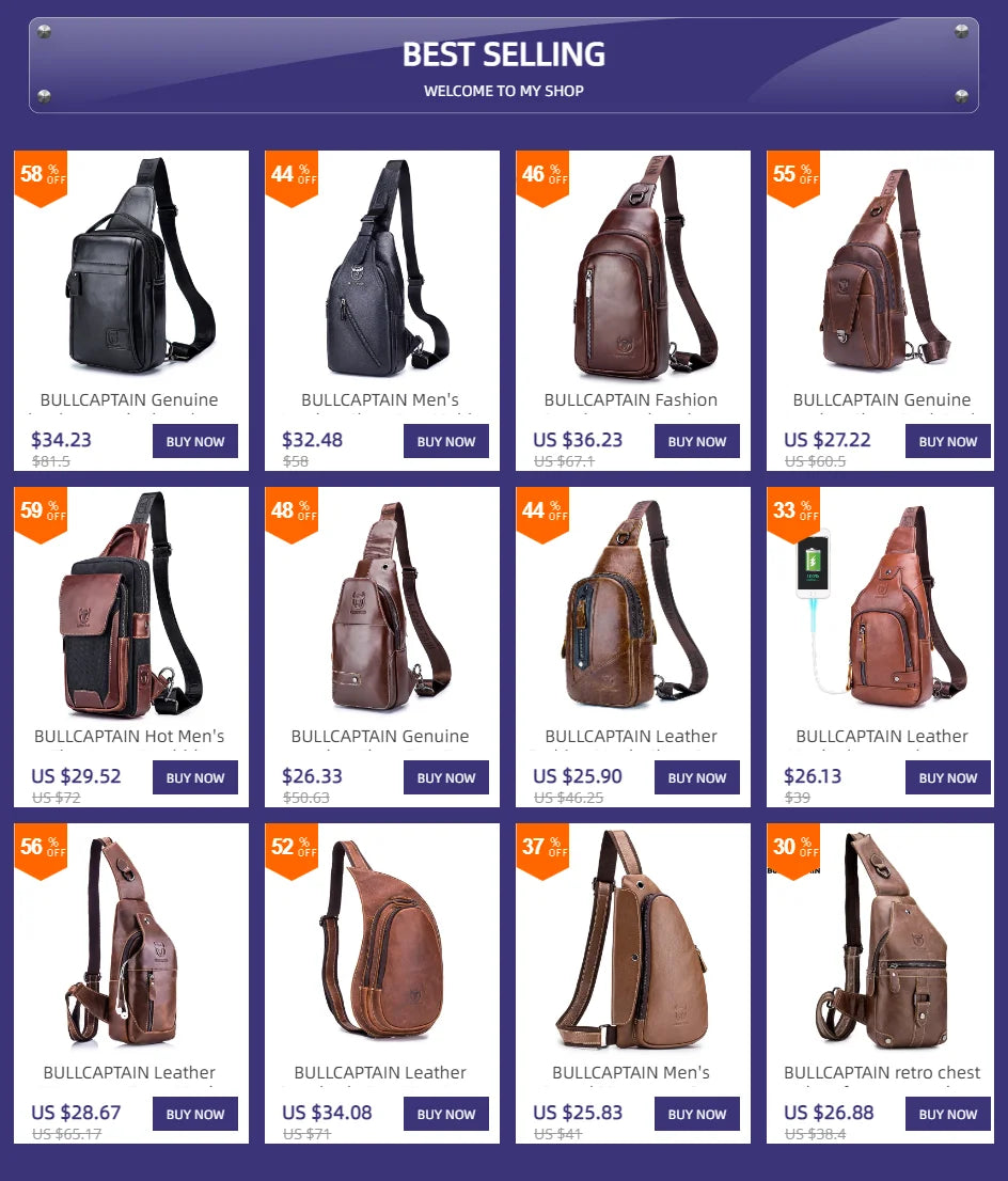 BULLCAPTAIN Men's Genuine Leather Chest Bag Casual Retro 7.9-inch Mobile Phone Bag Multifunctional Anti-Theft Crossbody Bag