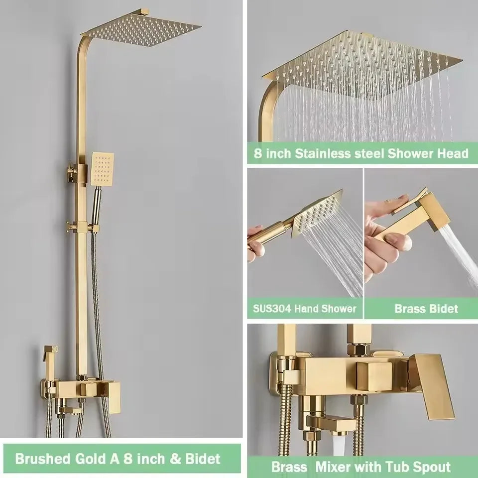 Black Gold Bathroom Shower System Brass Hot Cold Bathroom Faucets Set Accessories 10 Inch Stainless Steel Rain Shower Head