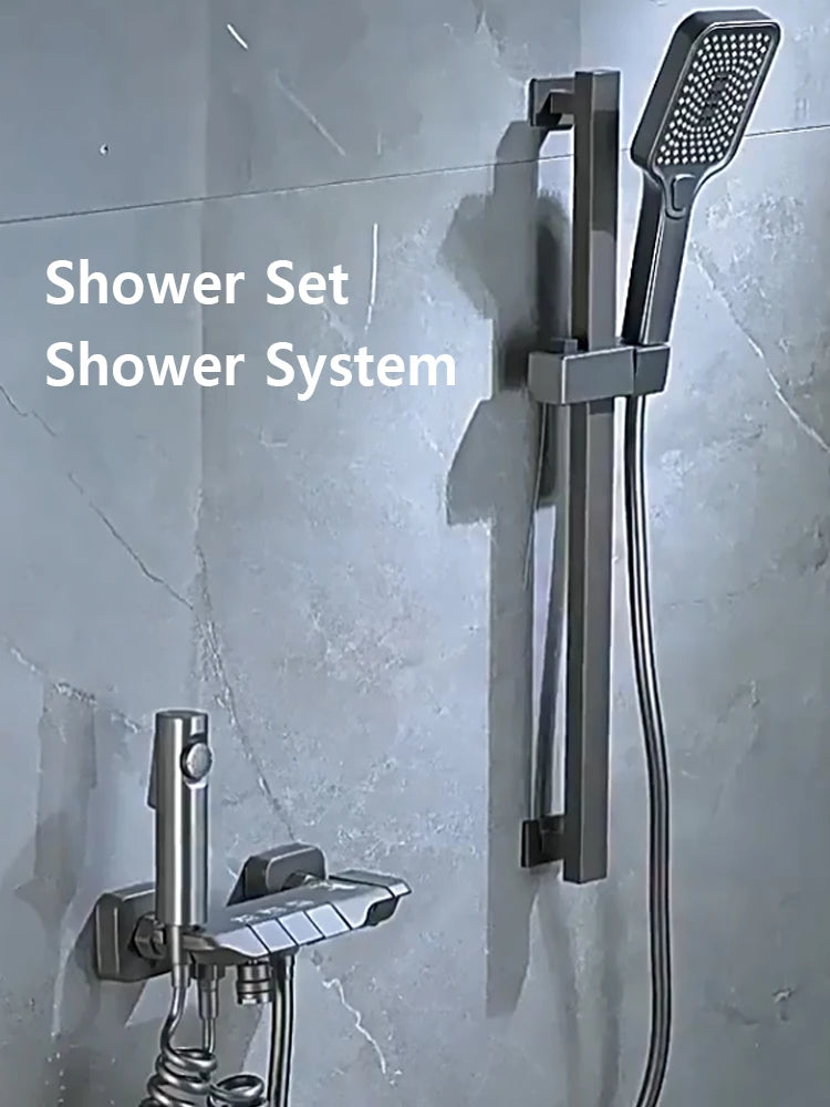 Modern Shower System Full Set Grey 2 Way Piano Keys Bathroom Shower Set Wall Mounted Brass Bathtub Digital Display Shower Faucet