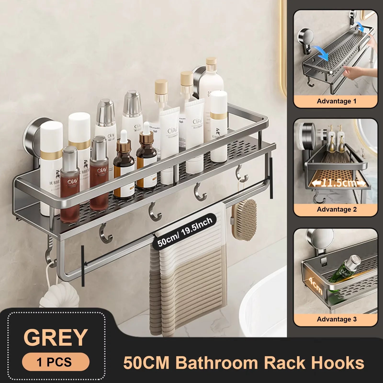 Space Aluminum Suction Cup Bathroom Rack No-punch Wall Mount Shower Storage Shelf Large Capacity Strong Load-bearing
