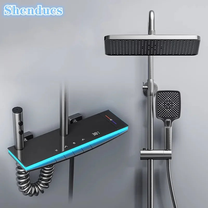 Hot Cold Piano Digital Shower Set 12 Inch Rainfall Shower Head Brass Bathtub Mixer Faucet Thermostatic Bathrooom Shower System