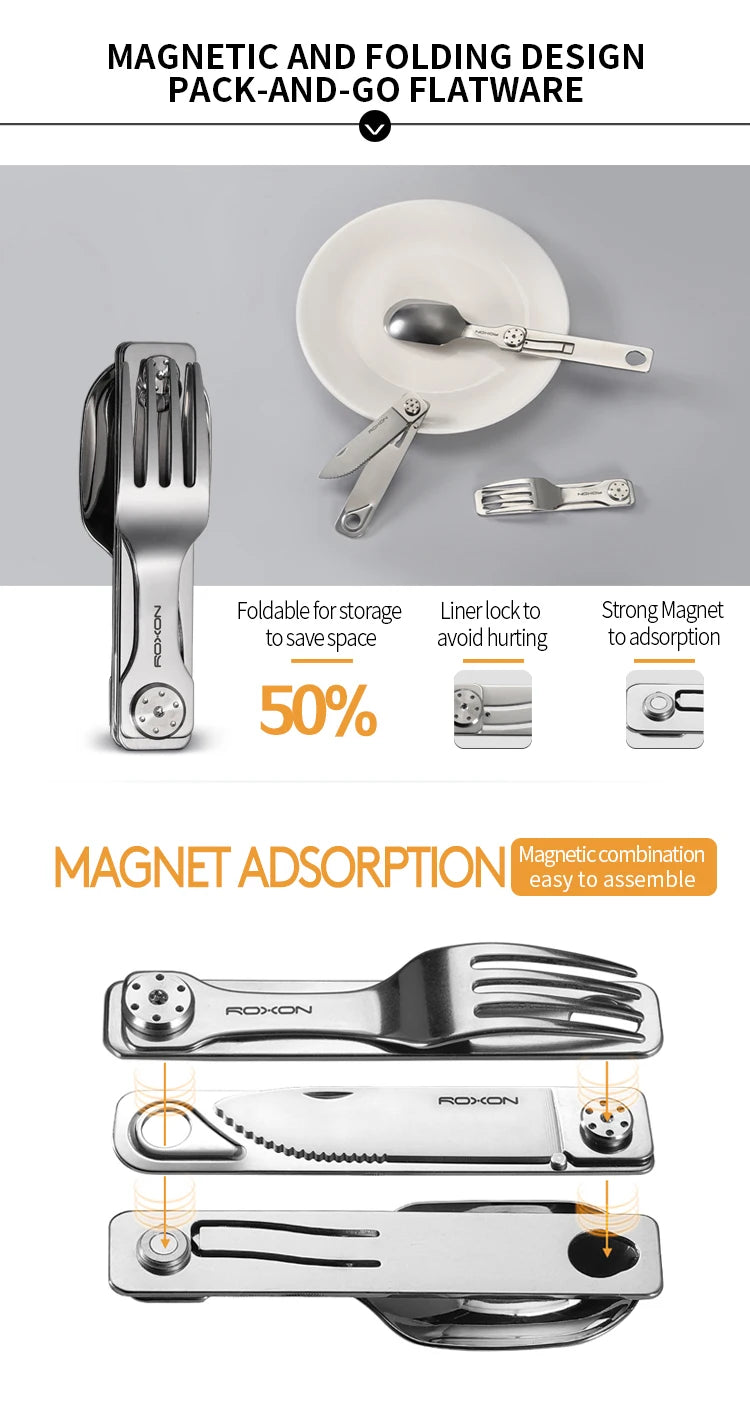 ROXON 3 IN 1 Camping Cutlery Set Knife Fork Spoon Stainless Steel Portable and Detachable