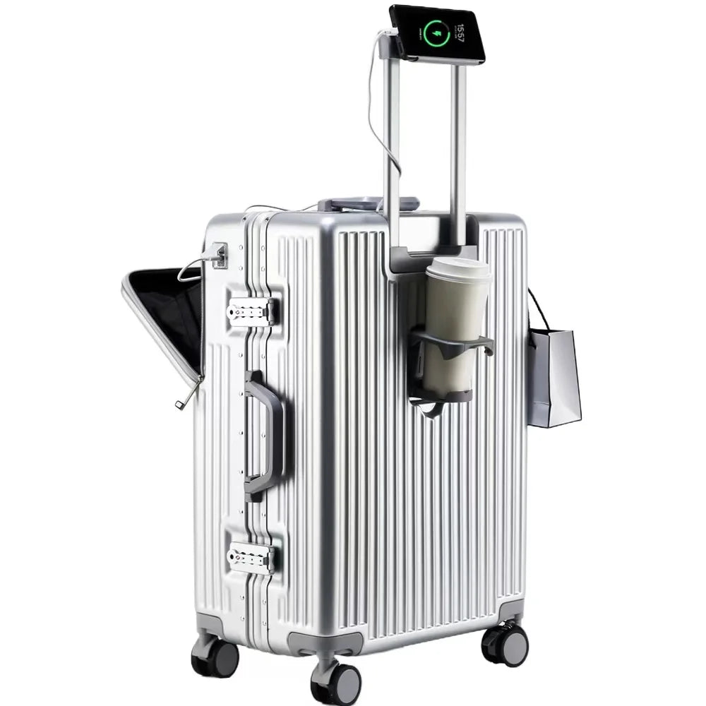 Aluminium Frame Rolling Luggage with Cup Holder Mobile Phone Holder Front Opening Suitcase Large capacity Travel Suitcase
