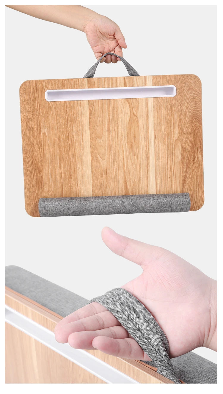 Mumucc Wooden Suspended Bed Study Table, Portable 15 Inch Laptop Desk With Handle, Sponge Cushion AND ABS Slot,Black,Khaki,Brown