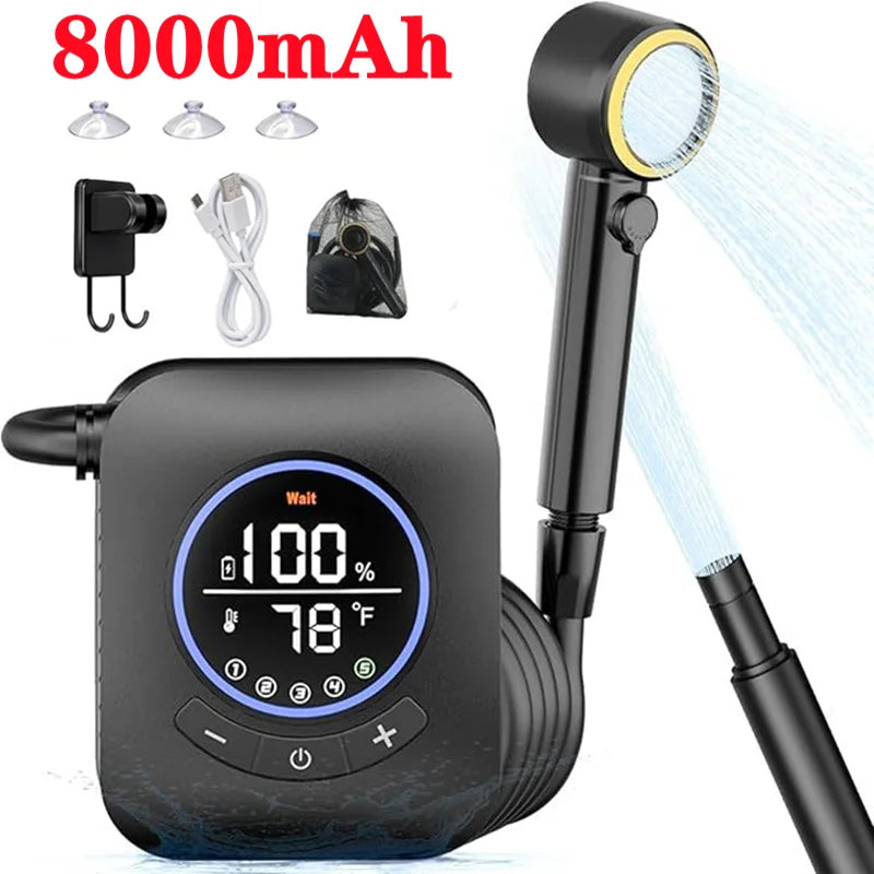Camping Shower 3.6V 8000mAh IPX8 Rainproof  Portable Power Supply for Outdoors Rechargeable Camp Shower Outdoor Shower