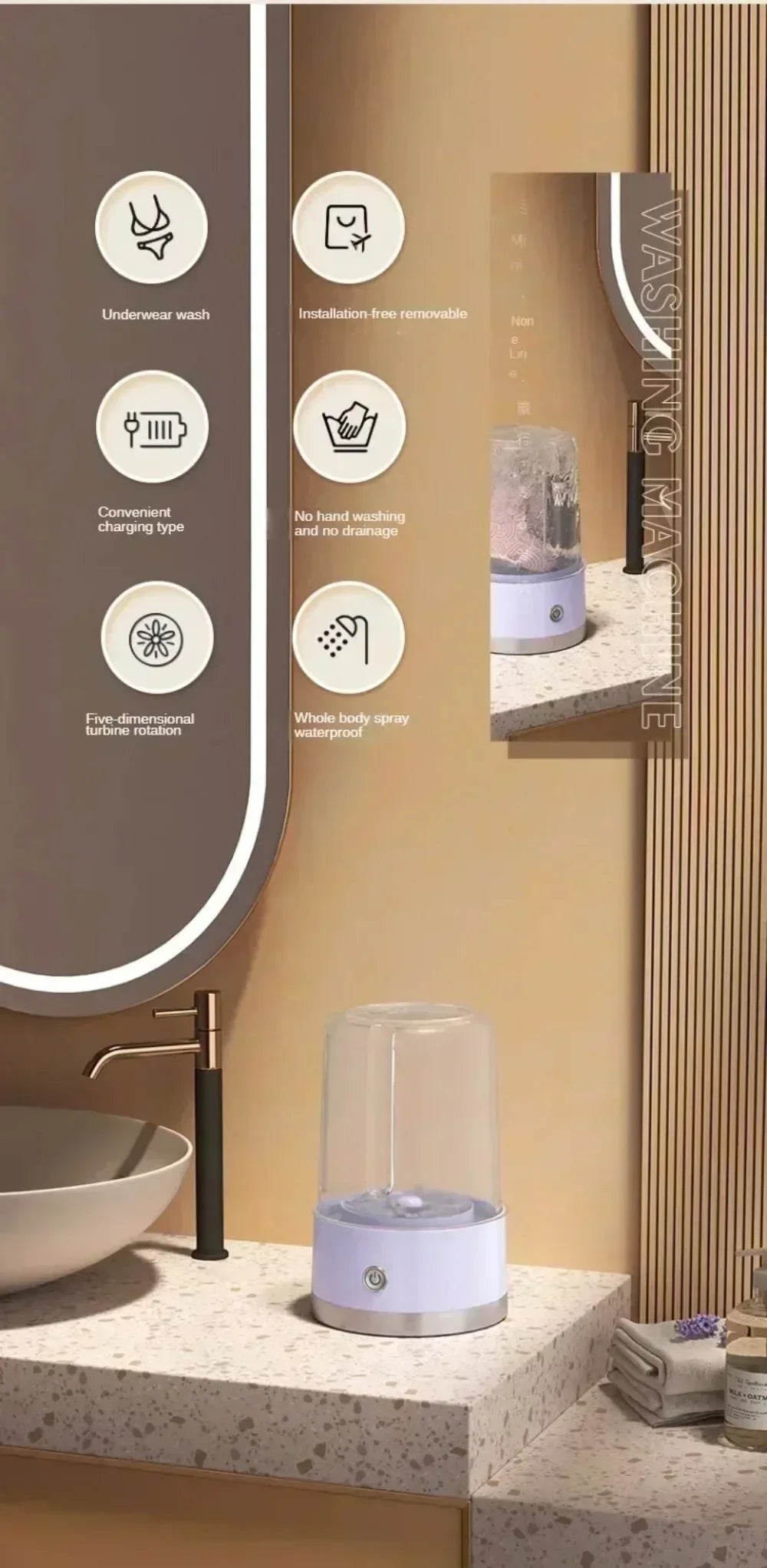 Mini Washer Underwear&Socks Washer Rechargeable Wireless Portable for Travel/Home/Dormitory with Laundry Cup Washing Machine