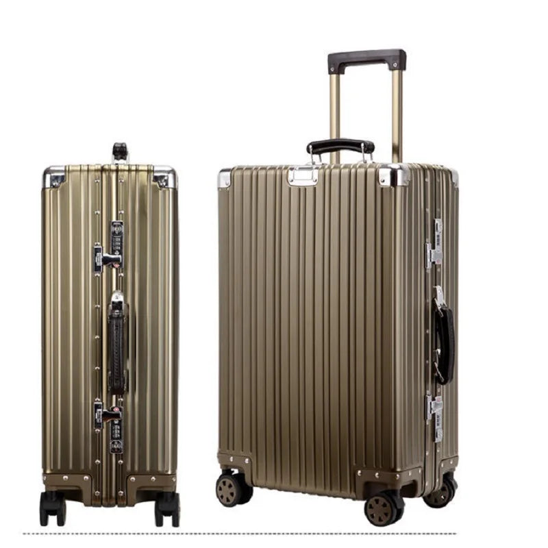 Top Quality Aluminum-Magnesium Alloy Vintage Suitcase, 20/24/26/29 Inch Lightweight Travel Trolley Luggage With Leather Handle