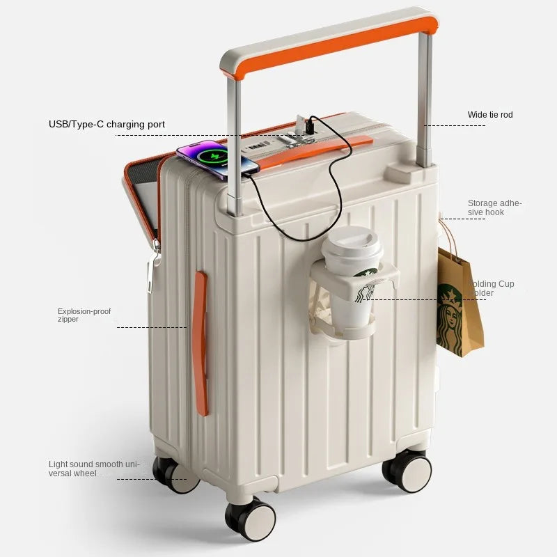 Travel Luggage Wide Tie Rod Suitcase Front Opening Laptop Boarding Case USB Charging 20"22"24"26 Inch Trolley Case with Wheels