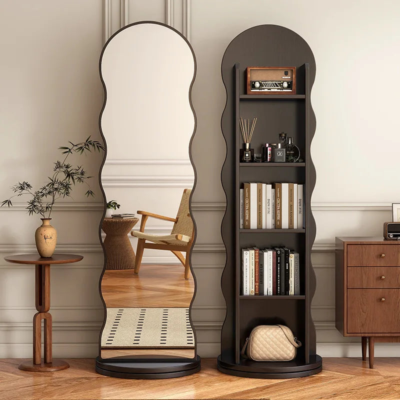 Wave rotating full-length mirror Vertical movable full-body floor mirror Magazine bookshelf Rotating storage fitting mirror