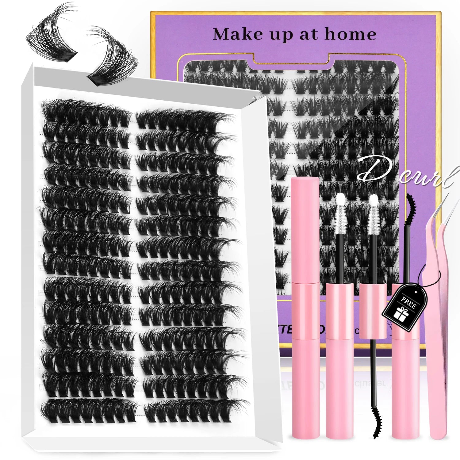 GROINNEYA DIY Eyelashes Lashes Clusters Kit Mix Wispy Individual Lashes Extensions Clusters Lashes Lash Bond & Seal Makeup