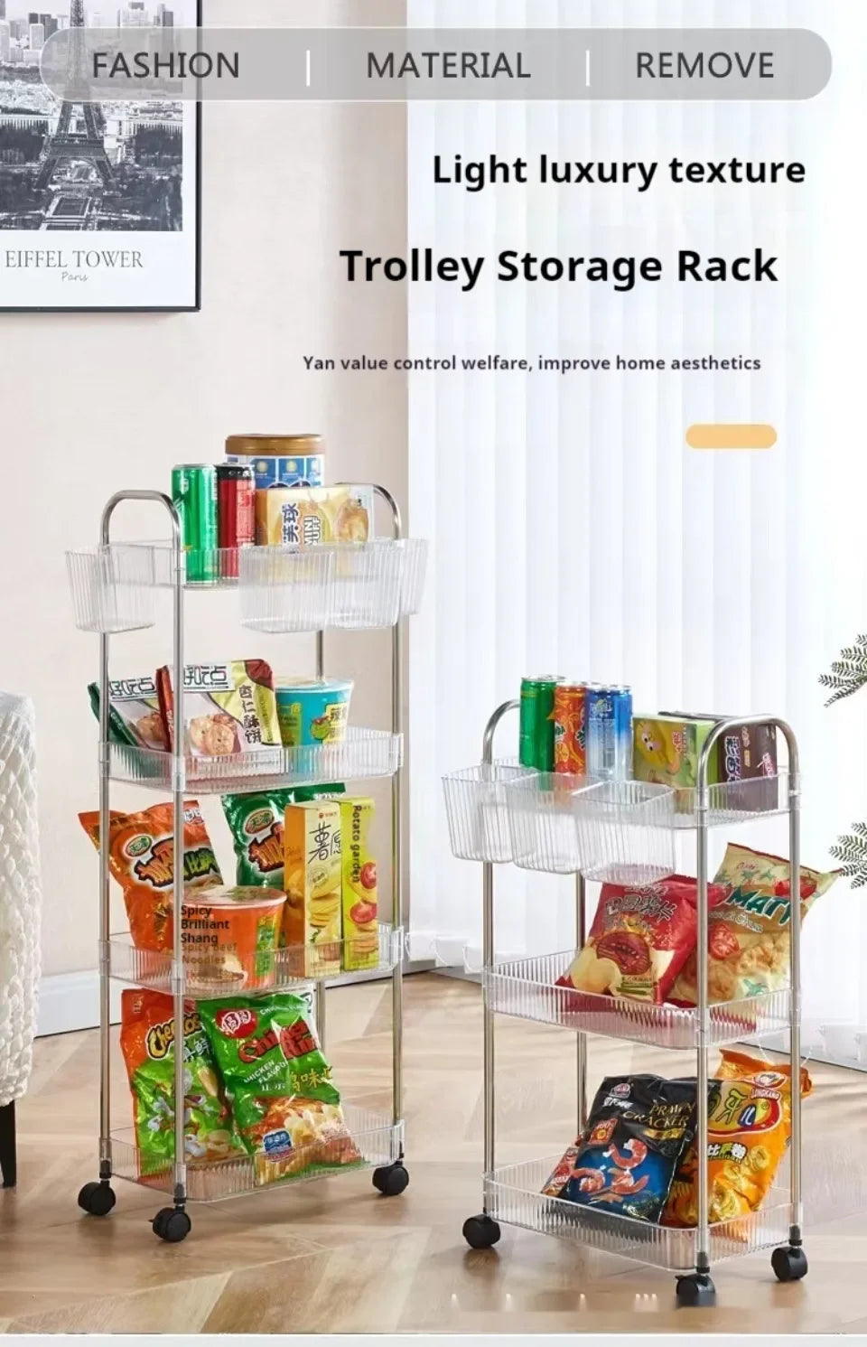 3 Layers Transparent Storage Rack Trolley Acrylic Rolling Cart with Hanging Basket Bathroom Acrylic Makeup Bookshelf organizer