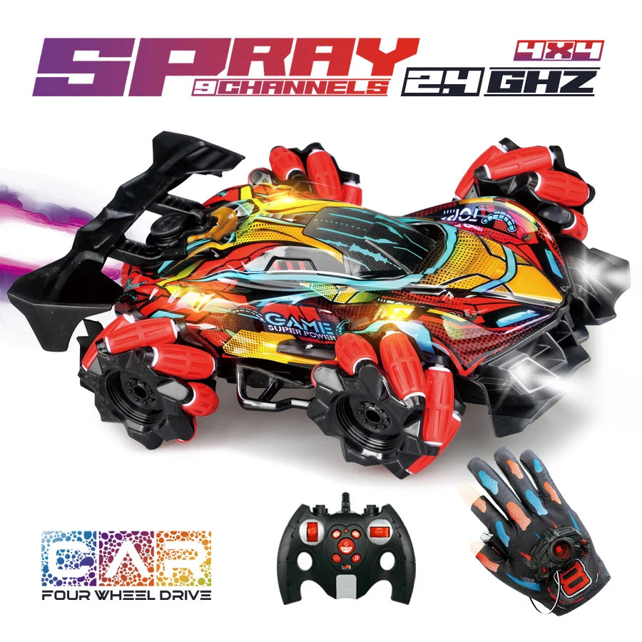 4Wd Rc Stunt Car with Sprayer & Namu Wheels, 2.4g Remote Control Drift Vehicle, Colorful Led Lights & Sound Off-Road Toys Gift F