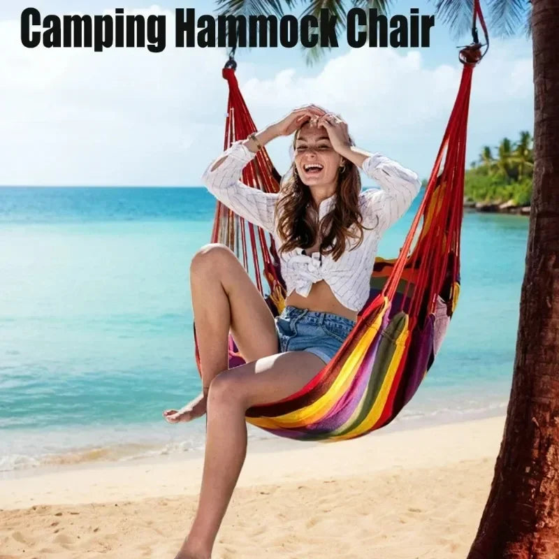 200KG Capacity Stripes Canvas Hammock Chair Thick for Garden Swing Seat Patio Camping Beach Dormitory Leisure with Storage Bag