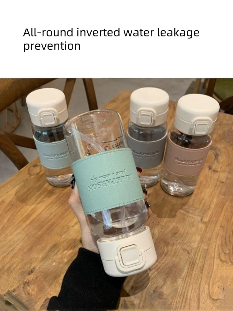 500ml Portable Water Bottle with Straw Creative Cute Leak-proof Plastic Drinking Bottle Milk Coffee Tea Juice Cup Drinkware