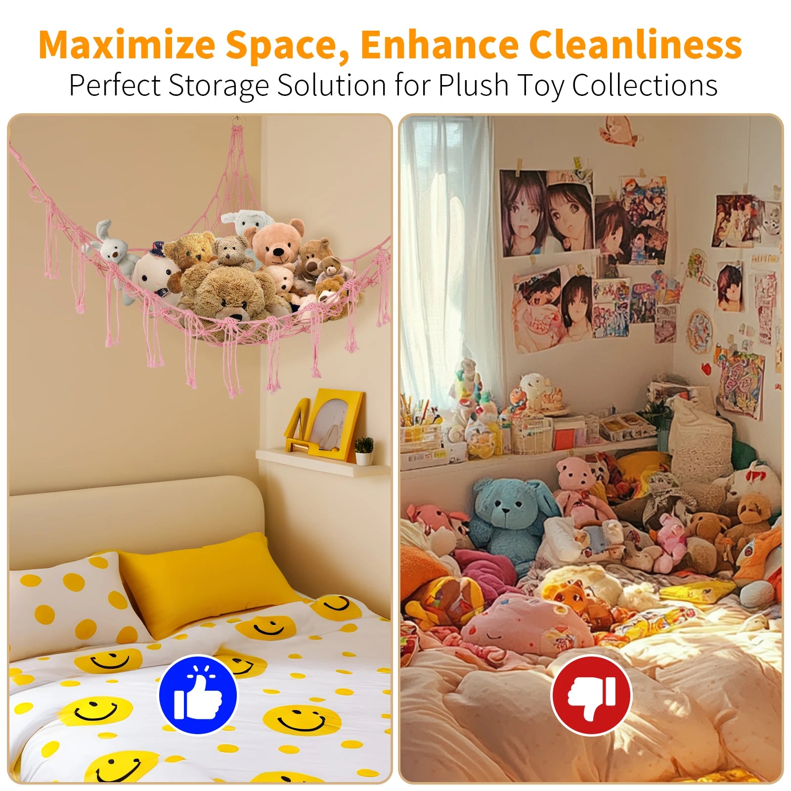 Plush Toy Hammock Large Capacity Stuffed Animals Organizer Net Macrame Tassels Boho Home Wall Decoration Hanging Basket